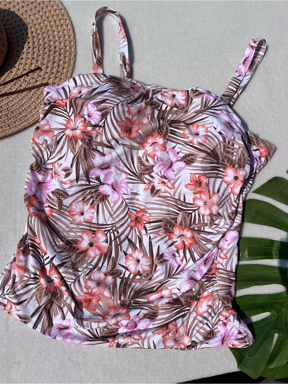 Lands’ End Floral Tankini Top 24W Pink Tropical Shelf Bra Swim Top Plus Size